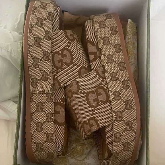 GG Beige and Brown Monogram Platform Sandals slides 39 - Picture 1 of 4